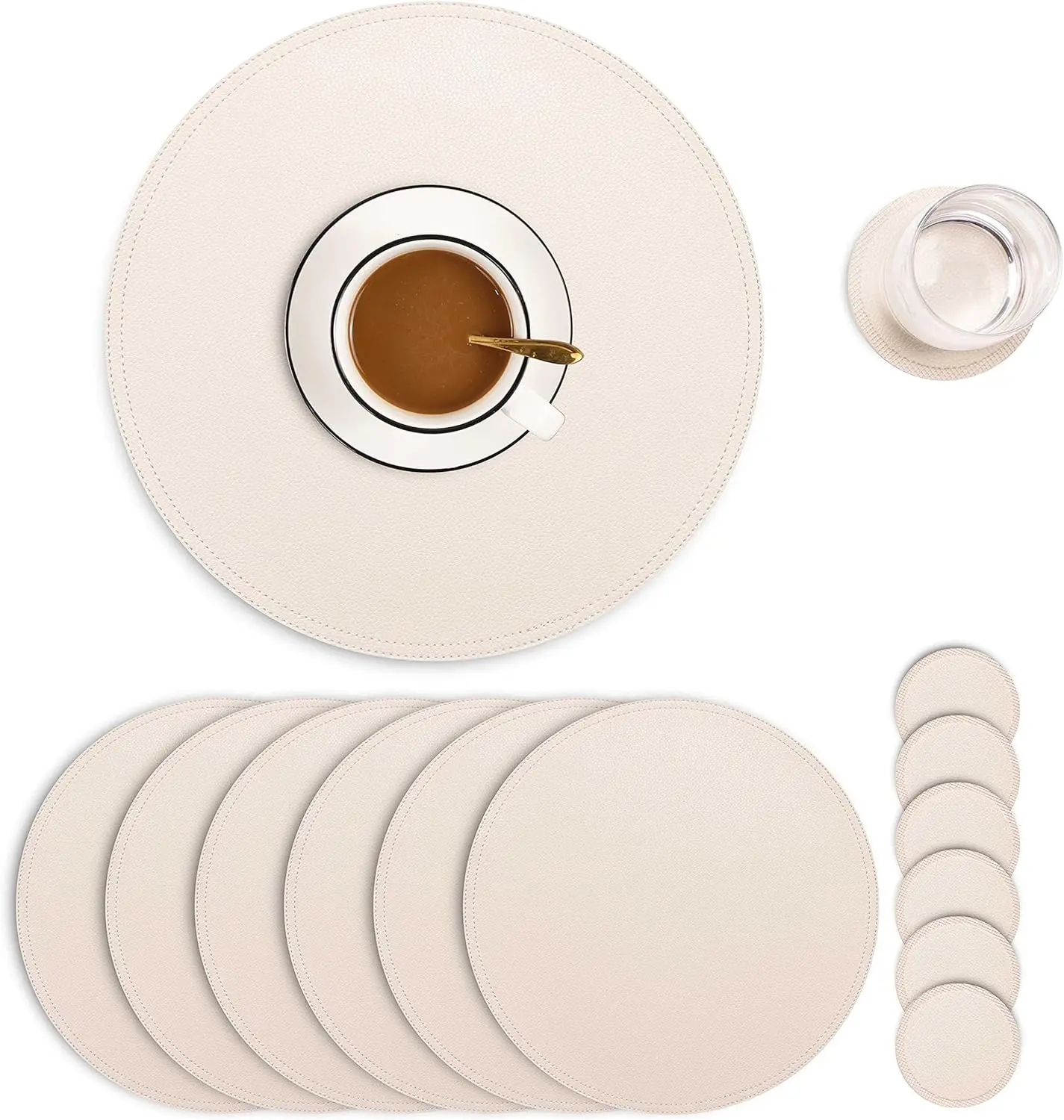 

Set of 6 Faux Leather Round Placemats and Coasters, Coffee Mats Kitchen Table Mats, Waterproof, Easy