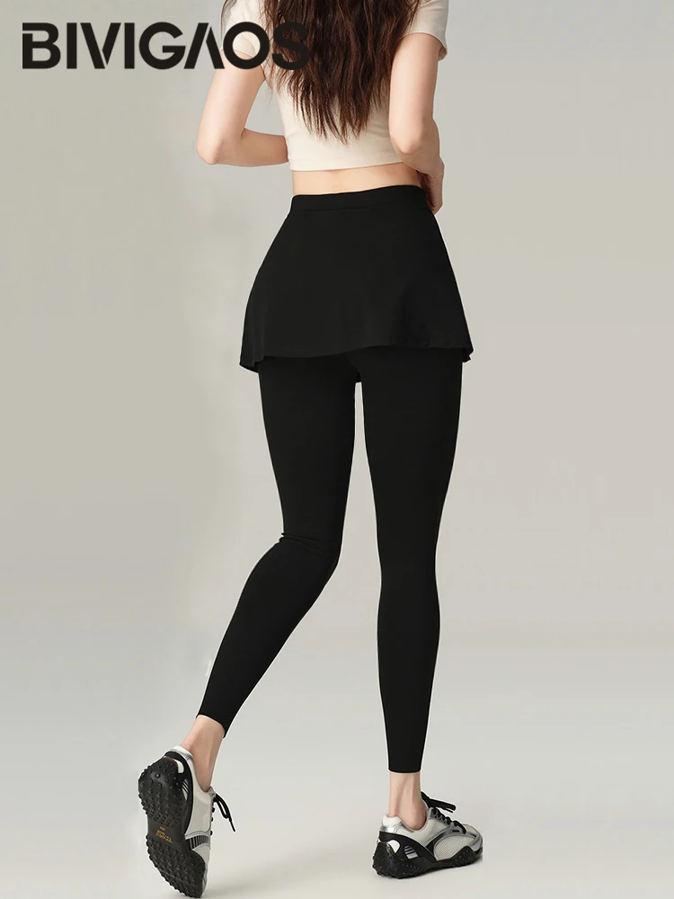 BIVIGAOS Fake Two-Piece Split Skirts Leggings Women Tennis Skirt Built-In Pockets Tight Sports Fitness Yoga Sharkskin Leggings
