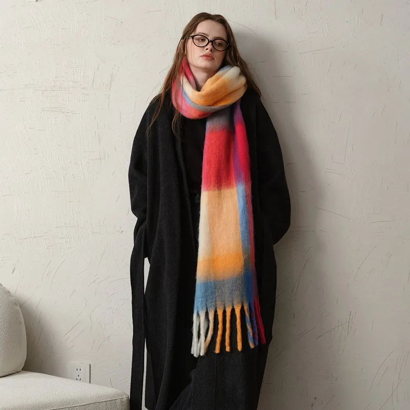 

Fashion Classic Imitation Cashmere Plaid Shawl Women Korea Style Soft Thick Warm Female Scarf Fall Winter Rainbow Mohair Muffler