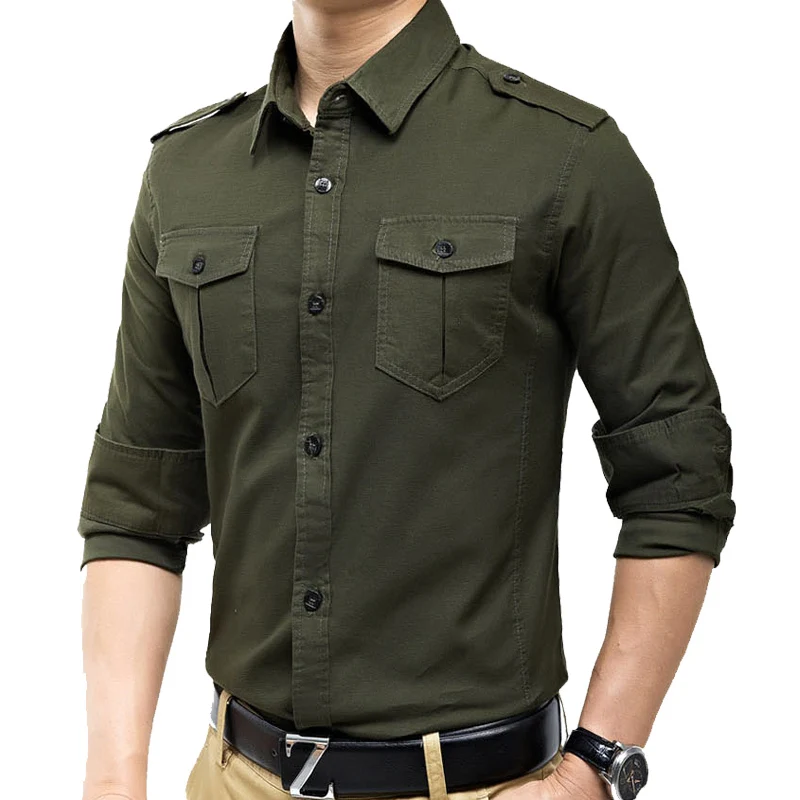 

2023 Military Slim Fit Mens Long Sleeve Cargo Shirts Causaul Blouses Yellow Army green M-5XL