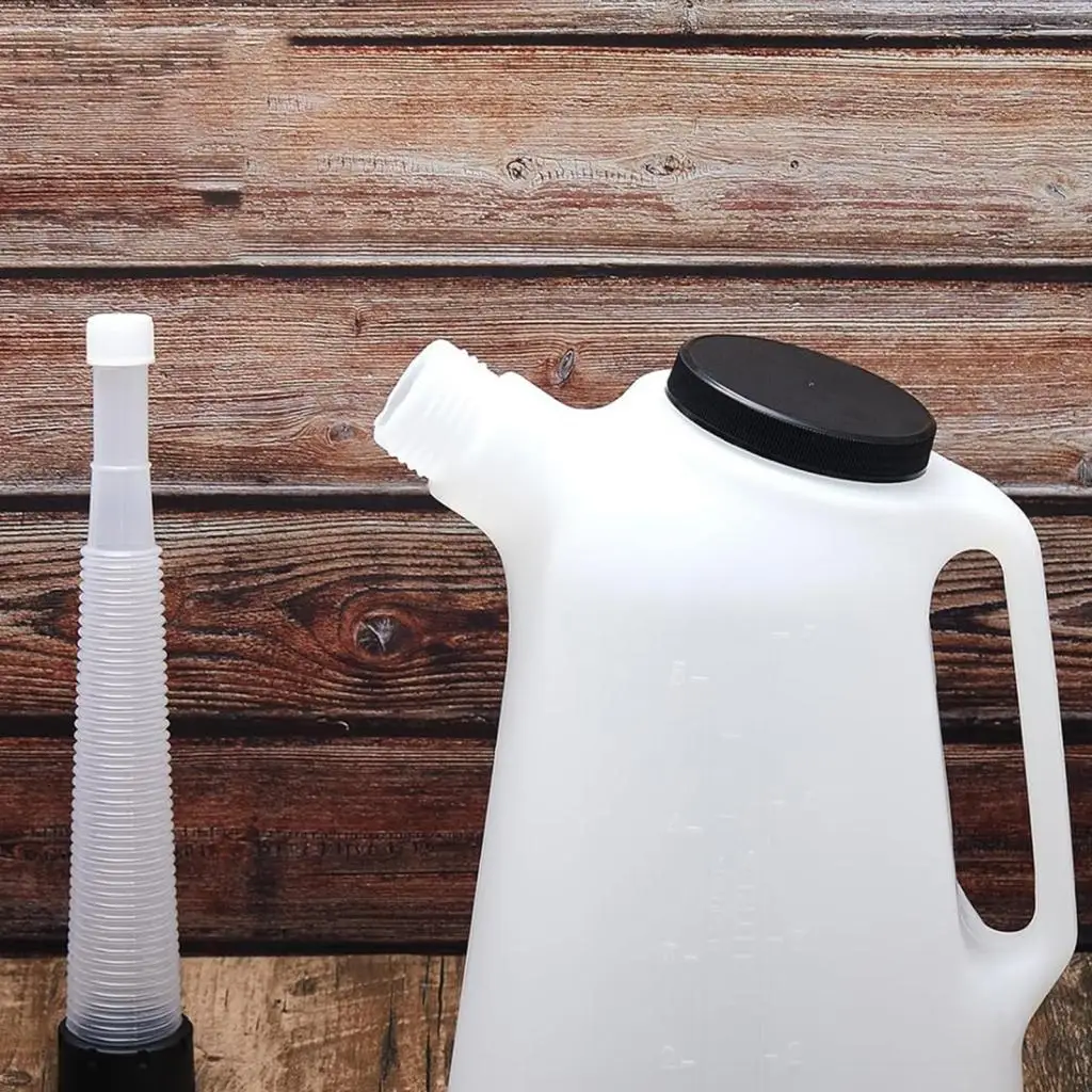 Automotive Motor Oil Jug with Lid and Cap Clear Markings for Precise Dispensing in Workshop or Home Use