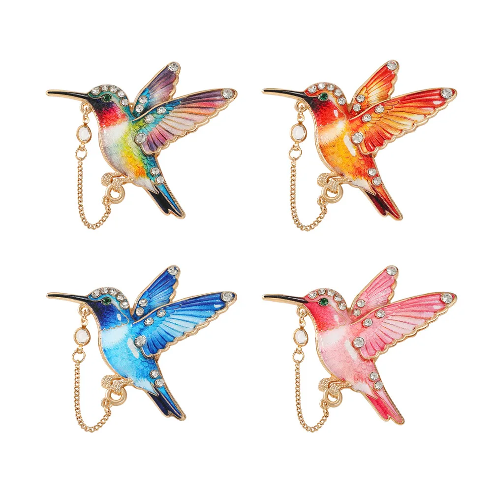 Multicolor Enamel Hummingbird Brooches Chain Bird Lapel Pins Vintage Animal Brooch for Women Clothing Accessories Gift