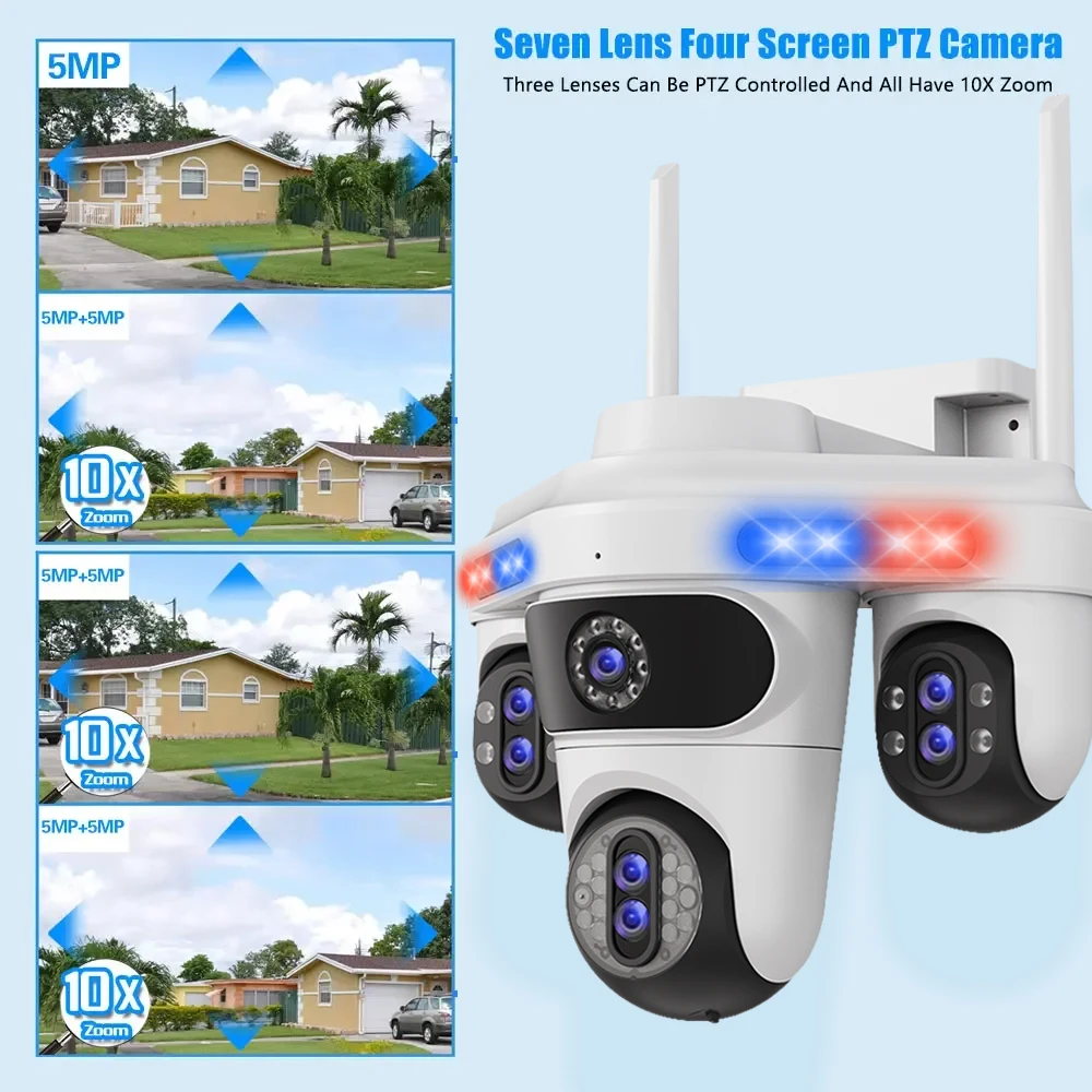 10X Optical Zoom 35MP 7 Lens 4 Screen WiFi PTZ Security Camera Outdoor 360° Triple PTZ Auto Tracking Waterproof Surveillance Cam