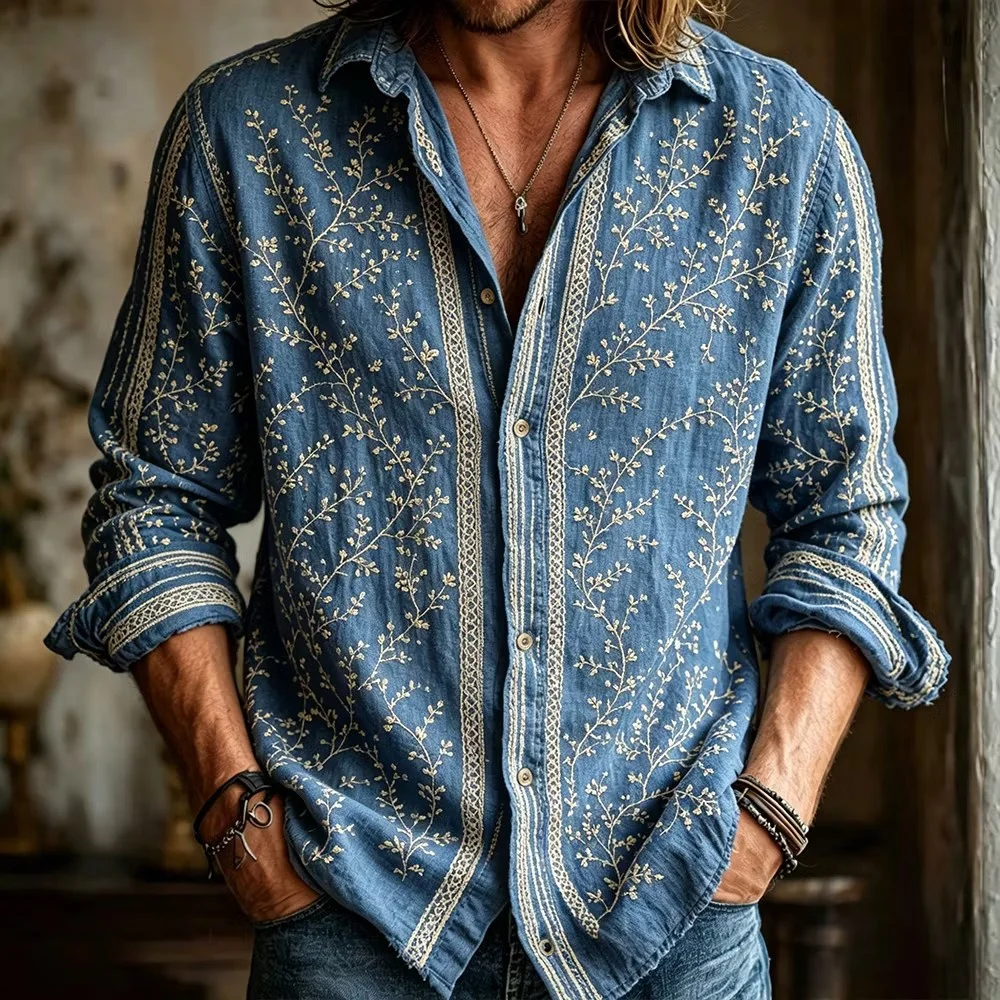 

New Blue Texture Bohemian Vine Men's 3D Printed Long Sleeve Shirt Retro Art Casual Loose Shirt Clothing