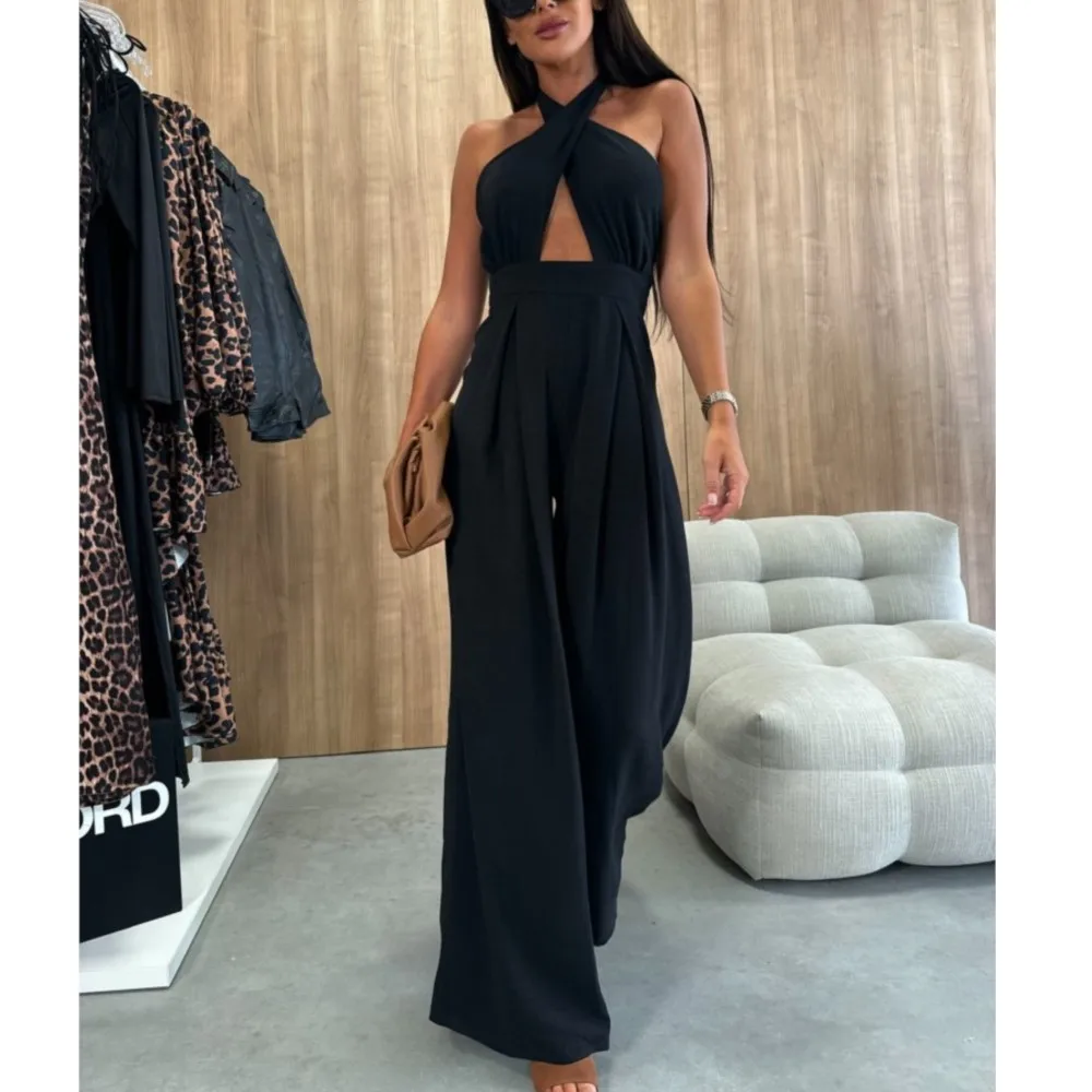 

Sexy Backless Sleeveless Hollow Hanging Neck Jumpsuit Women's New Summer Solid Color Waist Wide Leg Jumpsuit Комбинезон Женский