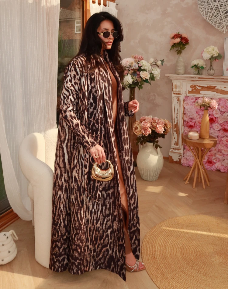 KAF Arabische Damen-Abaya, luxuriös, mit Retro-bedrucktem Revers, langen Ärmeln, Strickjacke, Krawatten-Design, lockeres, übergroßes, elegantes Abendkleid