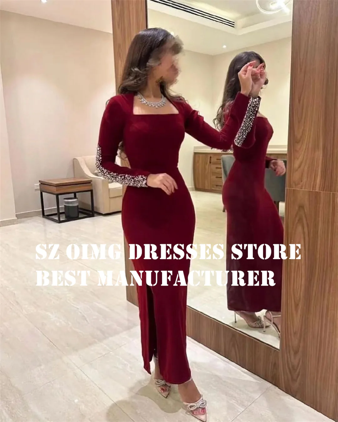 OIMG Customized Prom Dresse Arabic Long Sleeves Ankle Length Crystals Ruched Sheath Burgundy Women  Gowns Formal Party Dress