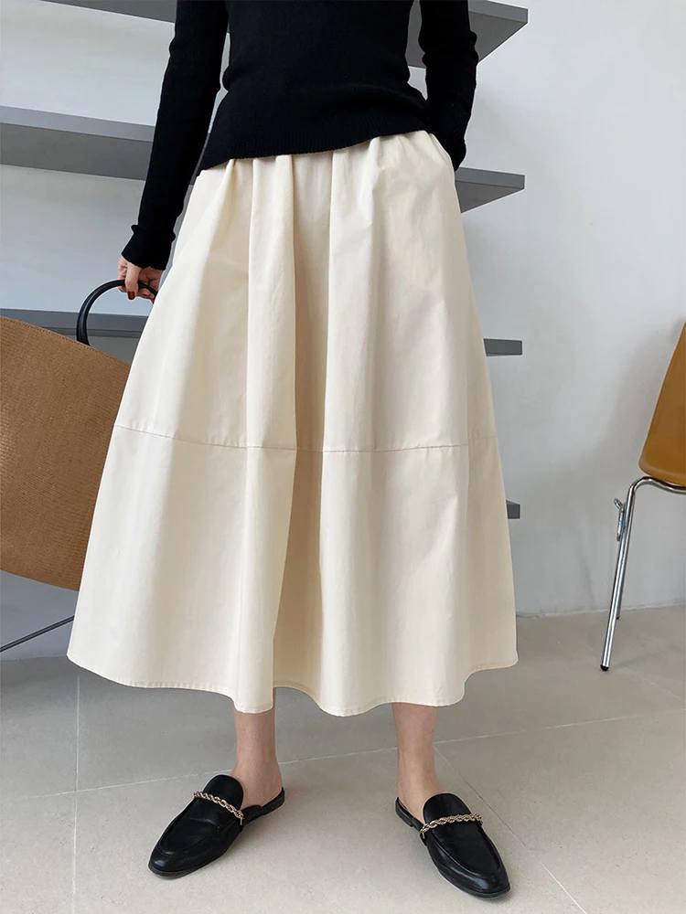 [LANMREM] A-line Elastic High Waist Skirts For Women Solid Mid-length Minimalism Loose Female Clothing 2024 Summer New 26D9008