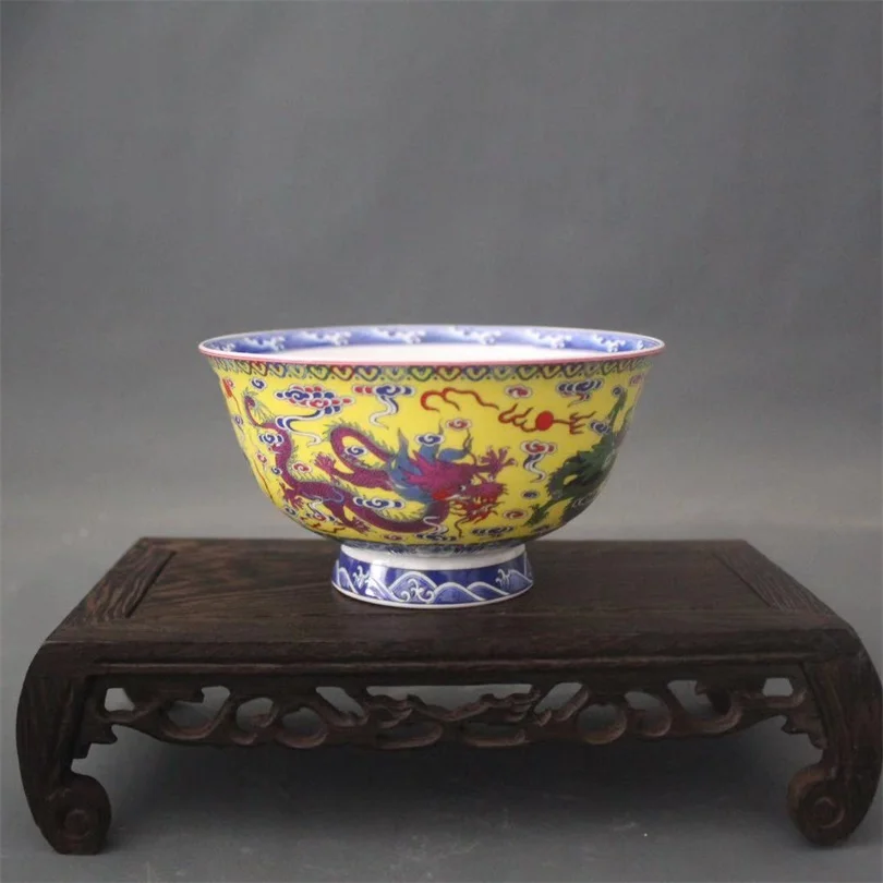 

Yellow ground powder, colorful cloud dragon bowl pattern, porcelain, home decoration, and antique collection