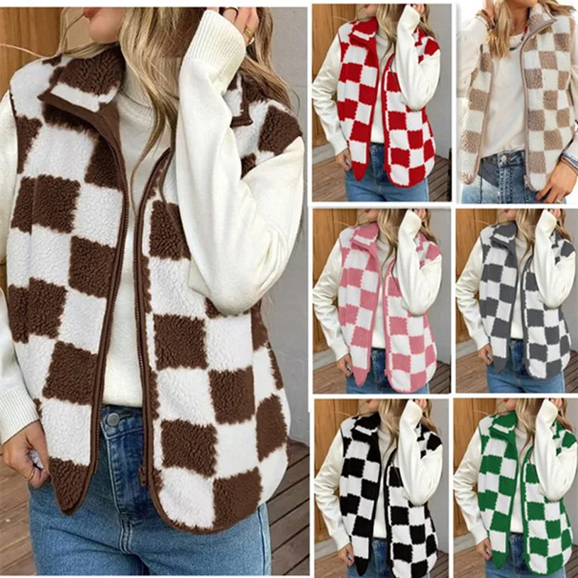 

Amazon Cross-border New European and American Women's Loose Square Checkered Vest Zipper Cardigan Vest Retro Jacket