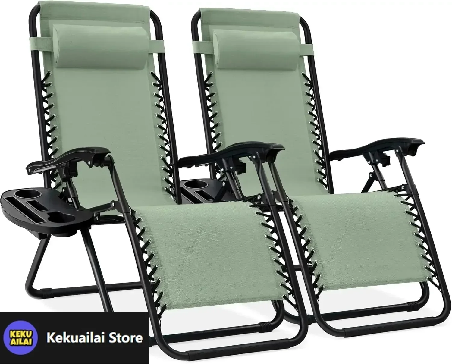 

Set of 2 Adjustable Steel Mesh Zero Gravity Lounge Chair Recliners w/Pillows and Cup Holder Trays - Sage Green