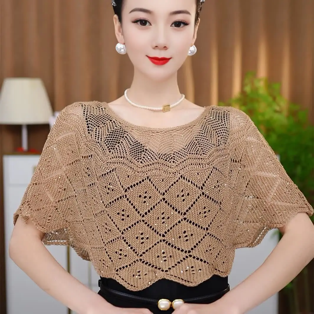 Ice silk hollow camisole skirt summer Cape air-conditioned room shawl knitted cover shirt for women loose fit Poncho