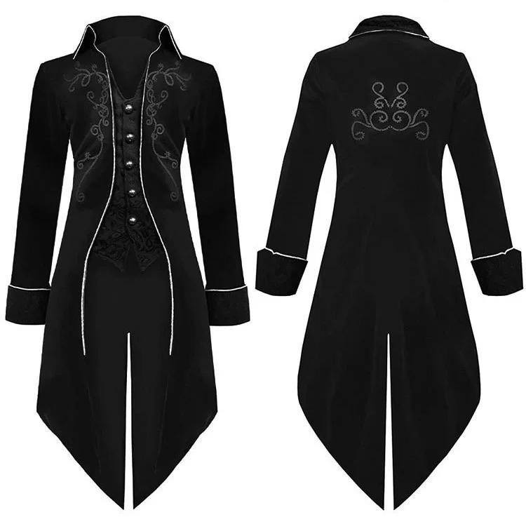 Embroidery Men\'s Jacket Medieval Cosplay Man Trench Coat Steampunk Gothic Tailcoat Victorian Clothes Carnival Halloween Costume