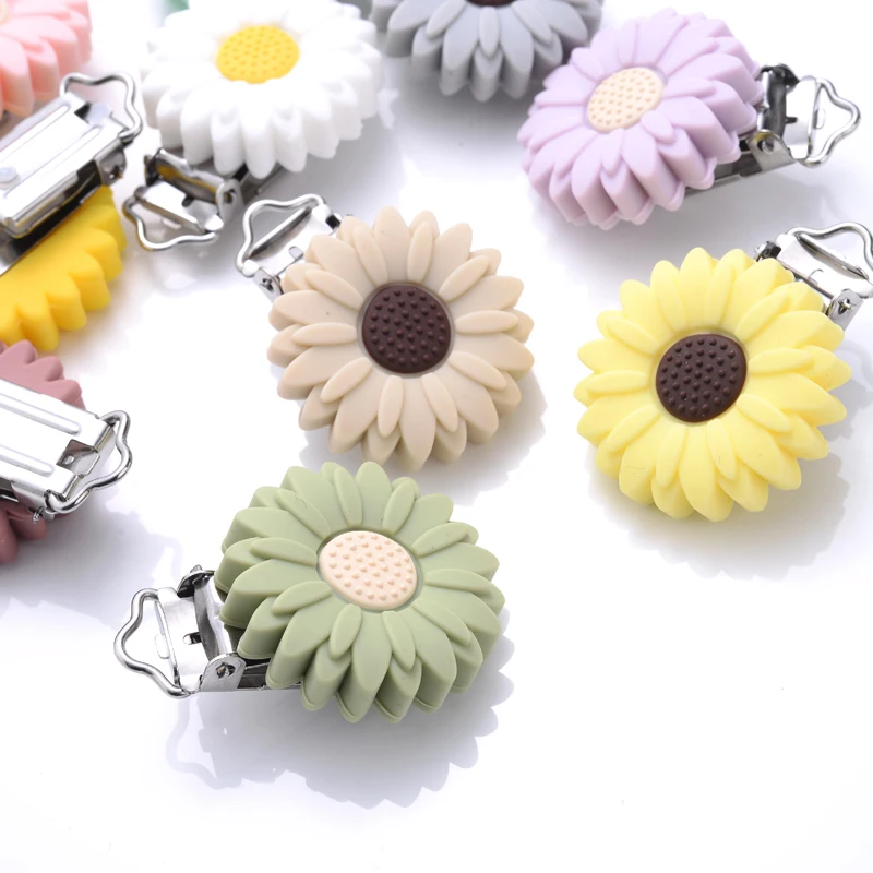 3Pcs Round Flowers Silicone Pacifier Clips Food Grade Silicone DIY Baby Teether Soother Nipple Chain Chew Toy Dummy Clips