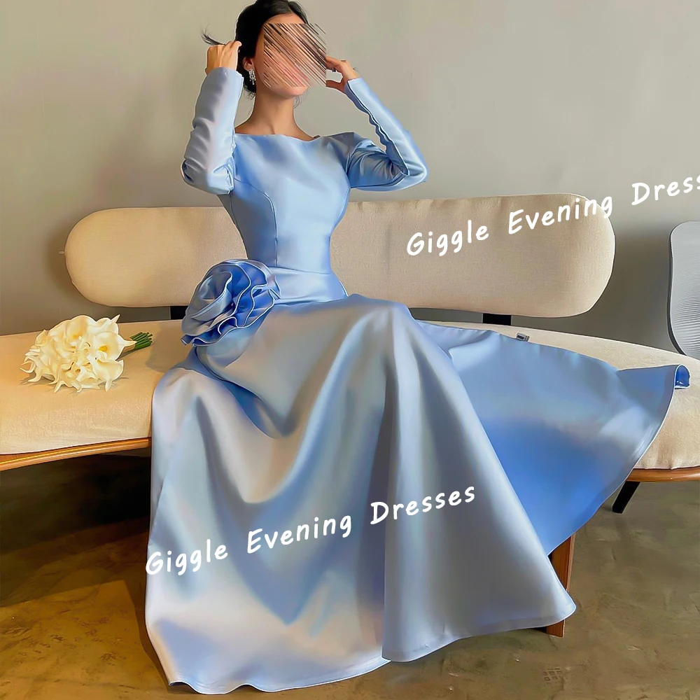 Giggle Satin O-Neck Flower A-Line Elegance Prom Gown Saudi Arab Eid al-Fitr Ankle-Length Evening Party Dresses for Women 2024