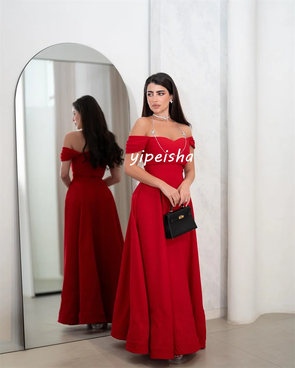 Vestidos largos personalizados a juego, Jersey exquisito plisado, fruncido, corte en A, hombros descubiertos, vestidos para ocasiones a medida, alta calidad