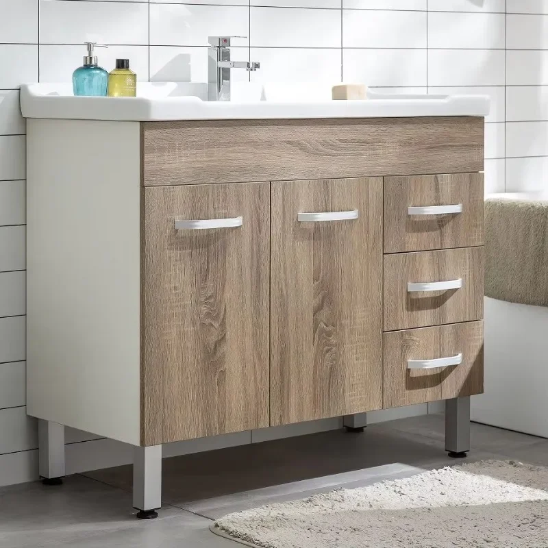 European Style Simple Solid Wood Vertical Bathroom Cabinet with Storage Box Vanity