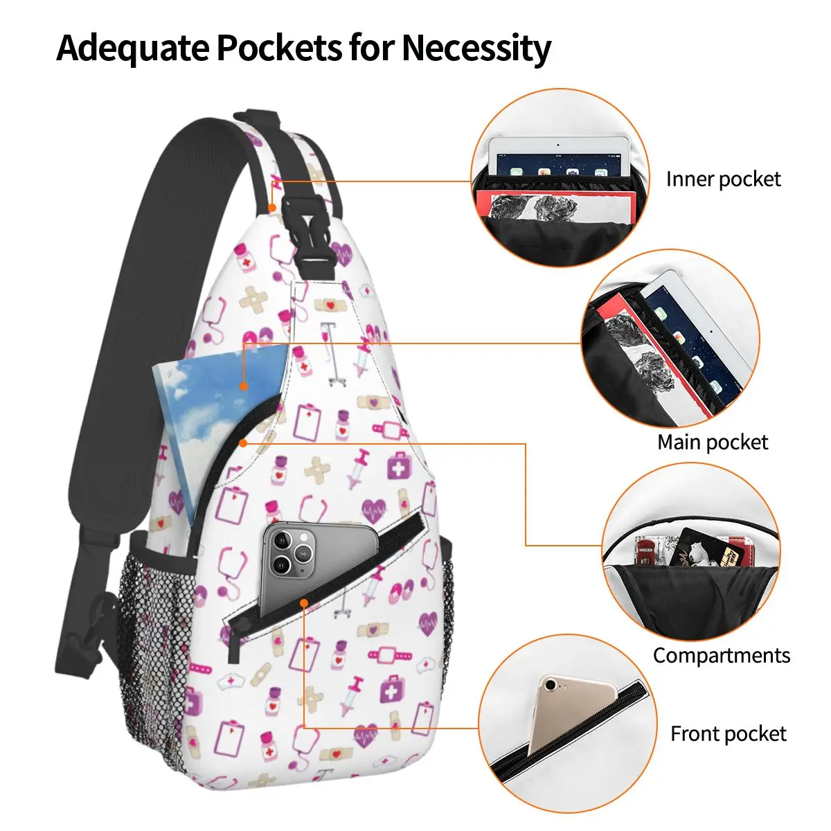 Cute Hospital Medical Pattern Gift For Nurses Chest Bag Men Sling Crossbody Backpack Chest Bag Traveling Daypack Shoulder Bag