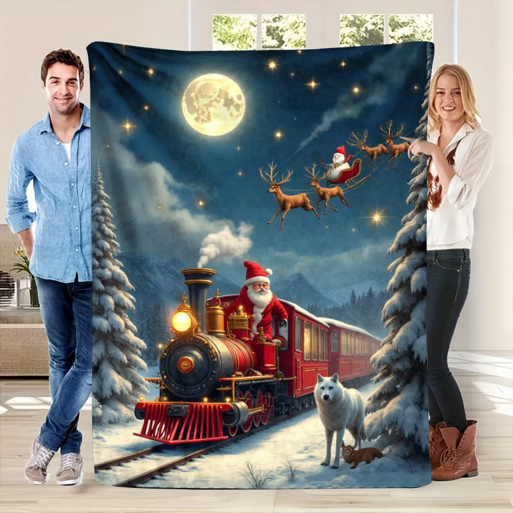 Cozy Flannel Christmas Blanket - Soft Warm Reversible Throw with Santa & Reindeer Train Scene, Snowy Landscape - All-Season Luxu