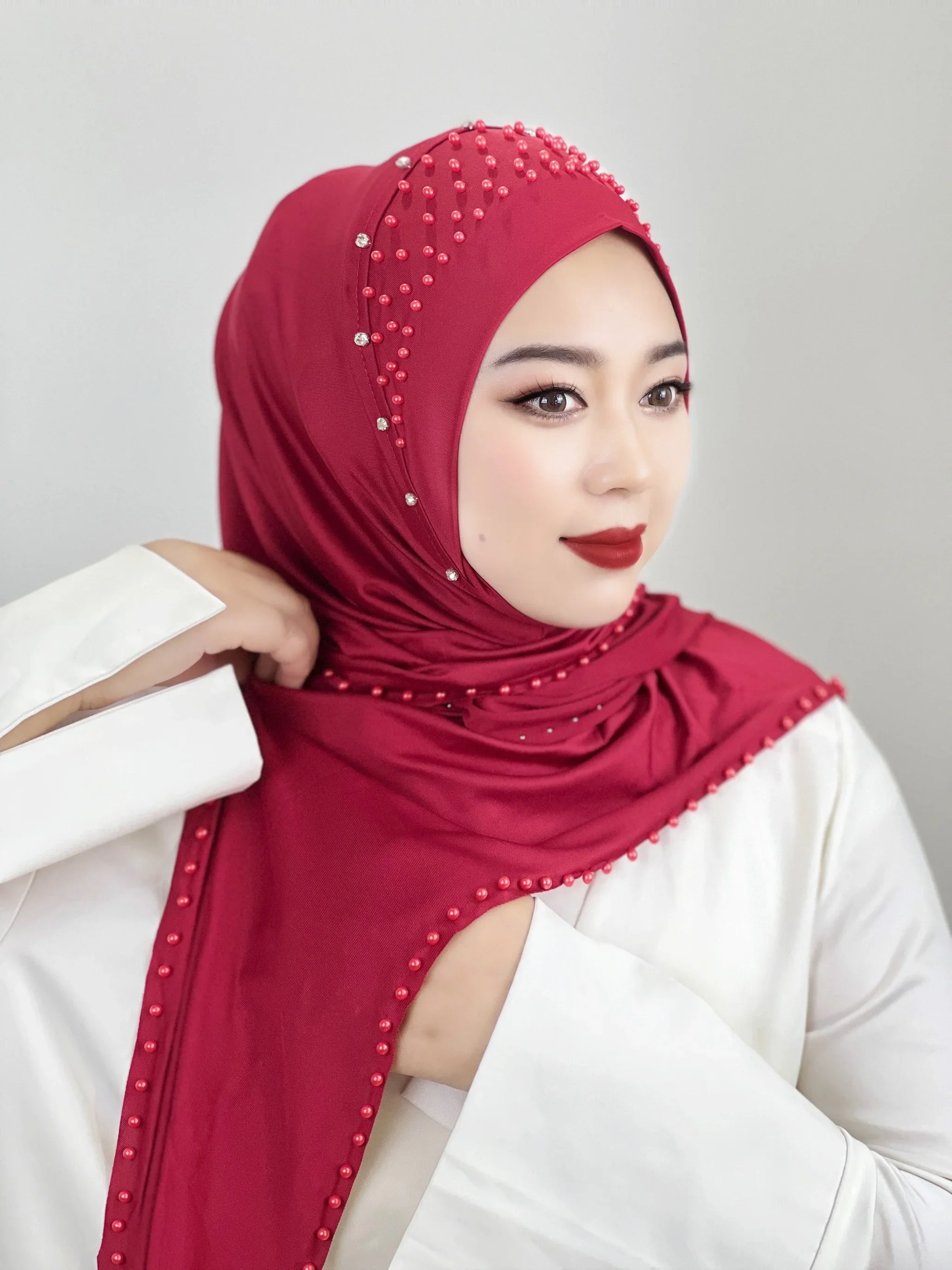 Muslim Beaded Women\'s Solid Colol Hijab Hat Hijab Hood Hair Loss Head Scarf Stretch Hijab Women\'s Scarf Islamic Headband