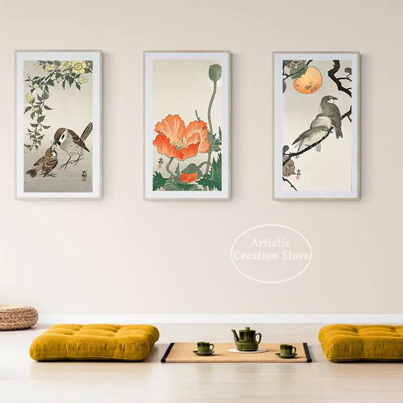 Japanese Flower Birds Poster Canvas Painting Print Oriental Asian Landscape Ink Watercolor for Living Room Wall Art Home Decor