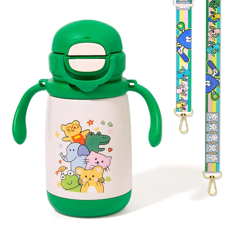 

N03R-Insulated 13 Oz Kids' Water Bottle, Straw& Spout Lid Included, Shoulder Strap And Handle In 316 Stainless Steel Material