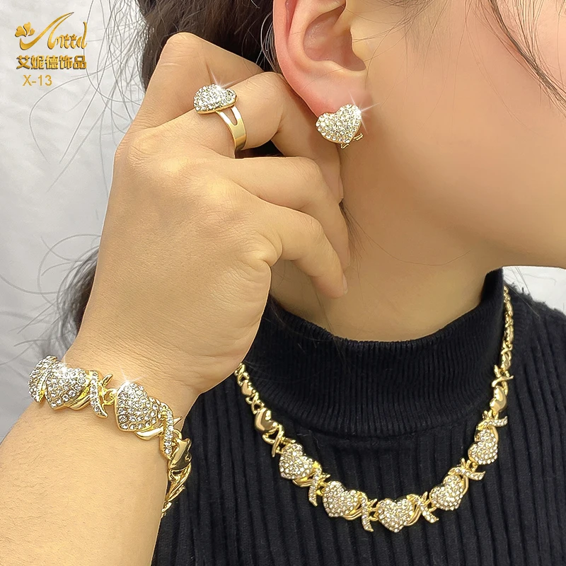 XOXO Women Jewelry Necklace Set 18K Gold Color Bride Heart-Shaped Rhinestone Wedding Necklace Earrings Bracelet Ring Set Gift