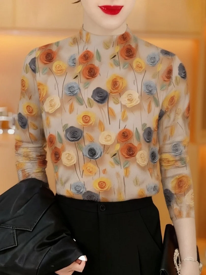 

Утепленный флисовый термотоп с длинными рукавами и принтом, с высоким воротником, женский, элегантный стиль, стандартный крой, из полиэфирного волокна, для повседневной носки