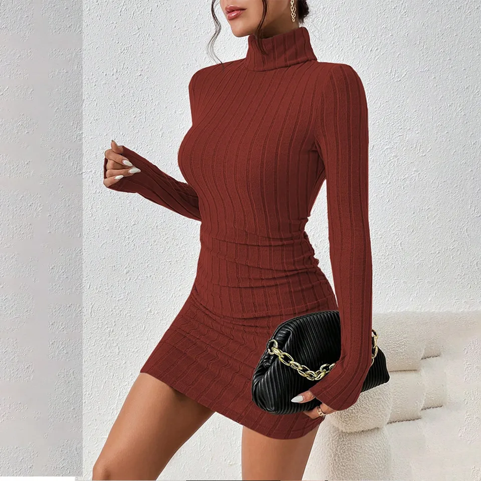 Vestido de punto para mujer elegante para fiesta de otoño invierno, cuello alto, mangas largas, sexy, ajustado, mini vestido para club 4