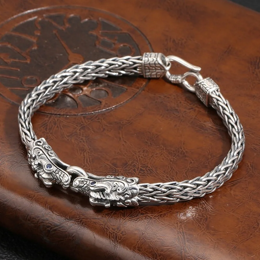 Real Solid 925 Sterling Silver Chain Men Wheat Braided Dragon Head Bracelet 33g/22cm