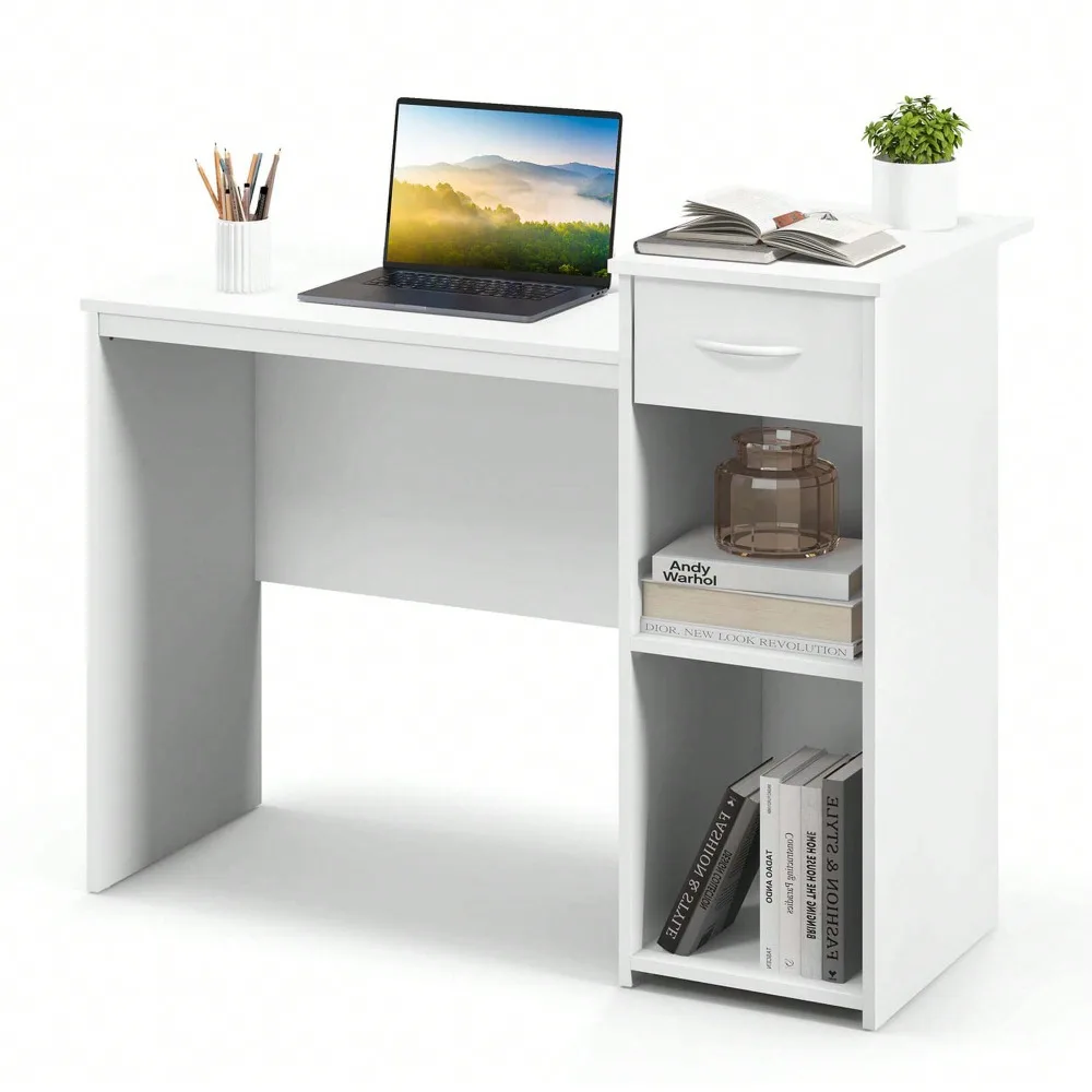 

Computer Desk With Drawer Modern Laptop PC Desk With Adjustable Shelf & Cable Hole