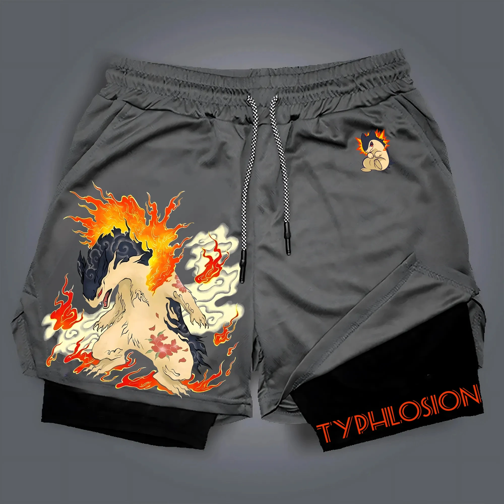 pokemon-typhlosion-shorts-masculino-algodao-calcas-esportivas-2025-verao-grafico-bottoms-cinza-base-typhlosion-personagem-chama-aura-rosa