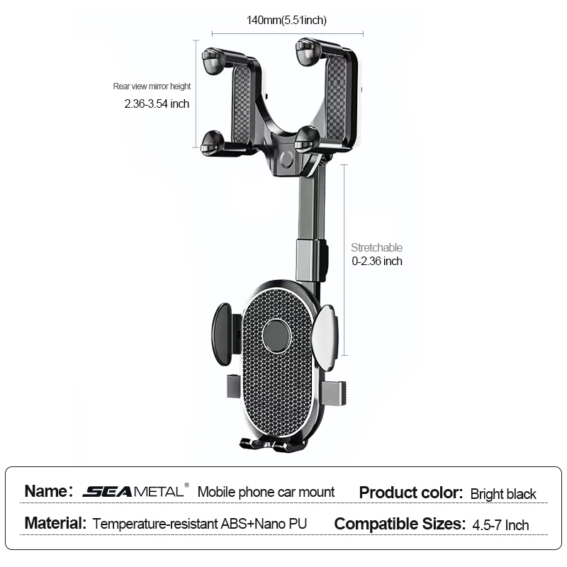 SEAMETAL Car Rearview Mirror Phone Holder 360° Retractable Cell Phone Holder Clip For Phone GPS Support Mobile Phone Mount Stand