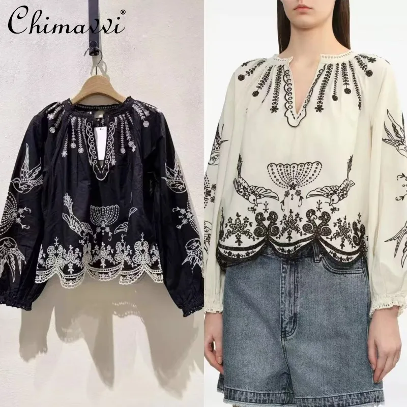 

American Spring and Summer New Retro Ethnic Totem Flying Bird Hollow Embroidery Bubble Sleeve Loose Scissor Collar Shirt Women