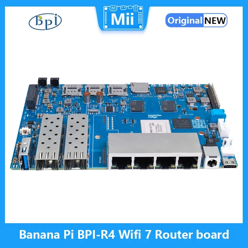 Banana Pi BPI-R4 board with MTK MT7988A design,Supports 2 SFPs, 4G RAM and 8G eMMC