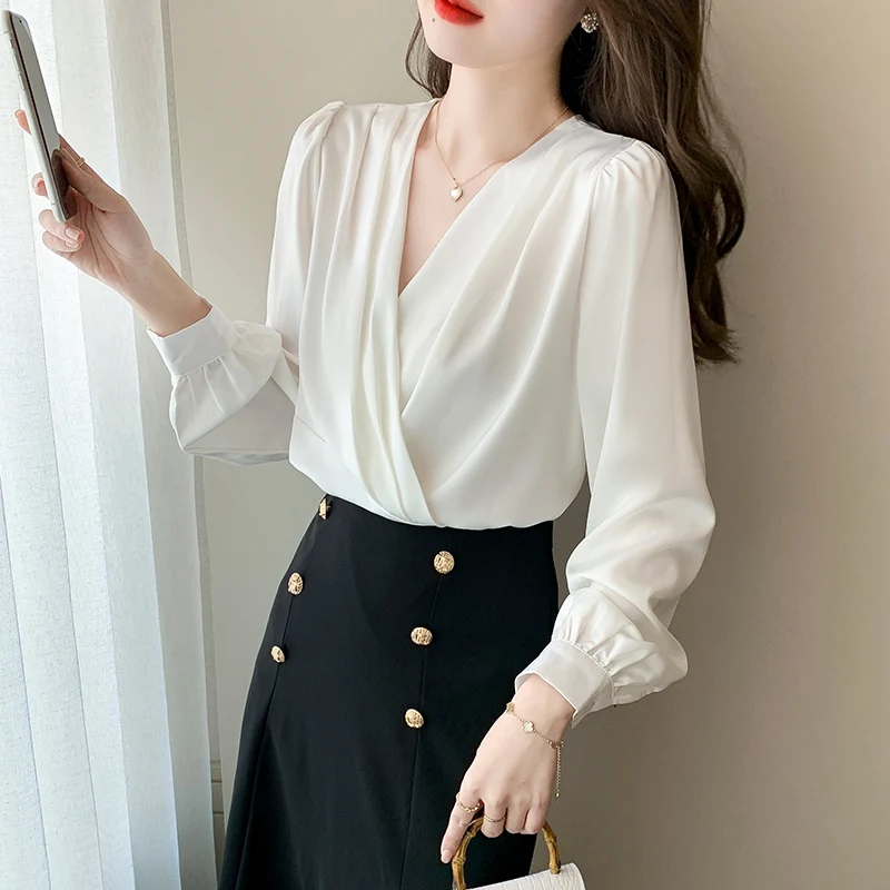 Plus size Spring Women White black elegant Acetate satin Shirts Fashion V neck work wear Silk Shirt Vintage Blouse tops