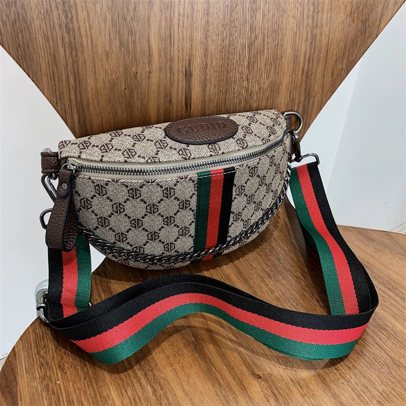 

Fashion Classic Geometric Pattern Crossbody Bag Lightweight Zipper PU Adjustable Striped Strap Waist Bag for Commute