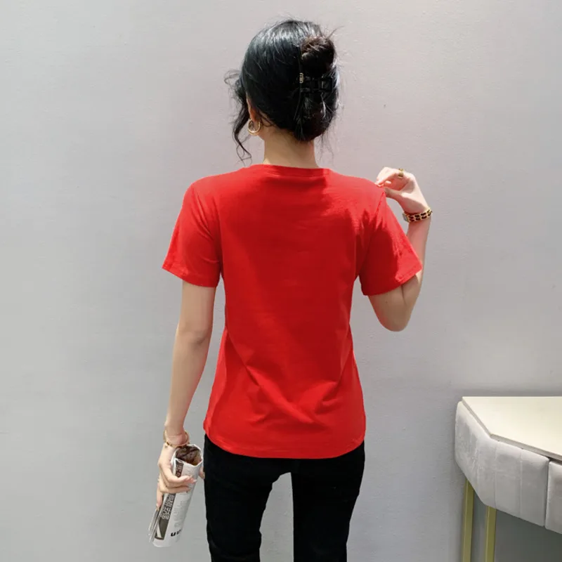 #5371 Summer Short Sleeve T Shirt Women Black White Red Green Cotton Diamonds Casual Women's Tee Shirt O-neck Korean Style