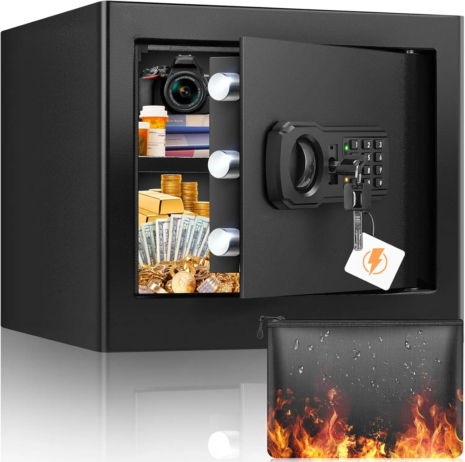 

Огнестойкий сейф объемом 1,2 куб. фута с цифровым замком, съемной полкой и огнестойким мешком для домашней безопасности