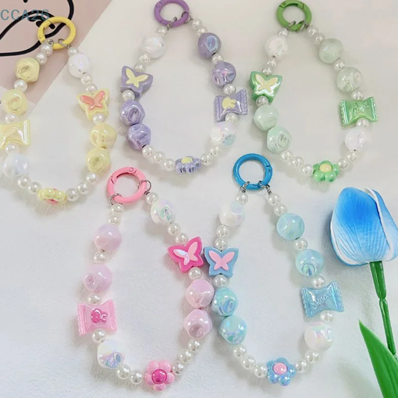 Mobile Phone Lanyard New Candy Color Flower Beading Cute Girl Butterfly Accessories Mobile Phone Case Key Chain Bracelet