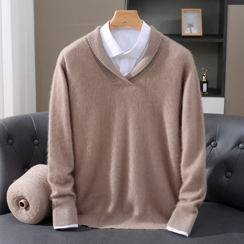 

Autumn Winter V-Neck Men's Mink Cashmere Knitted Sweater Casual Business Thickened Hoodie Pure Color Woolen Underwear Top