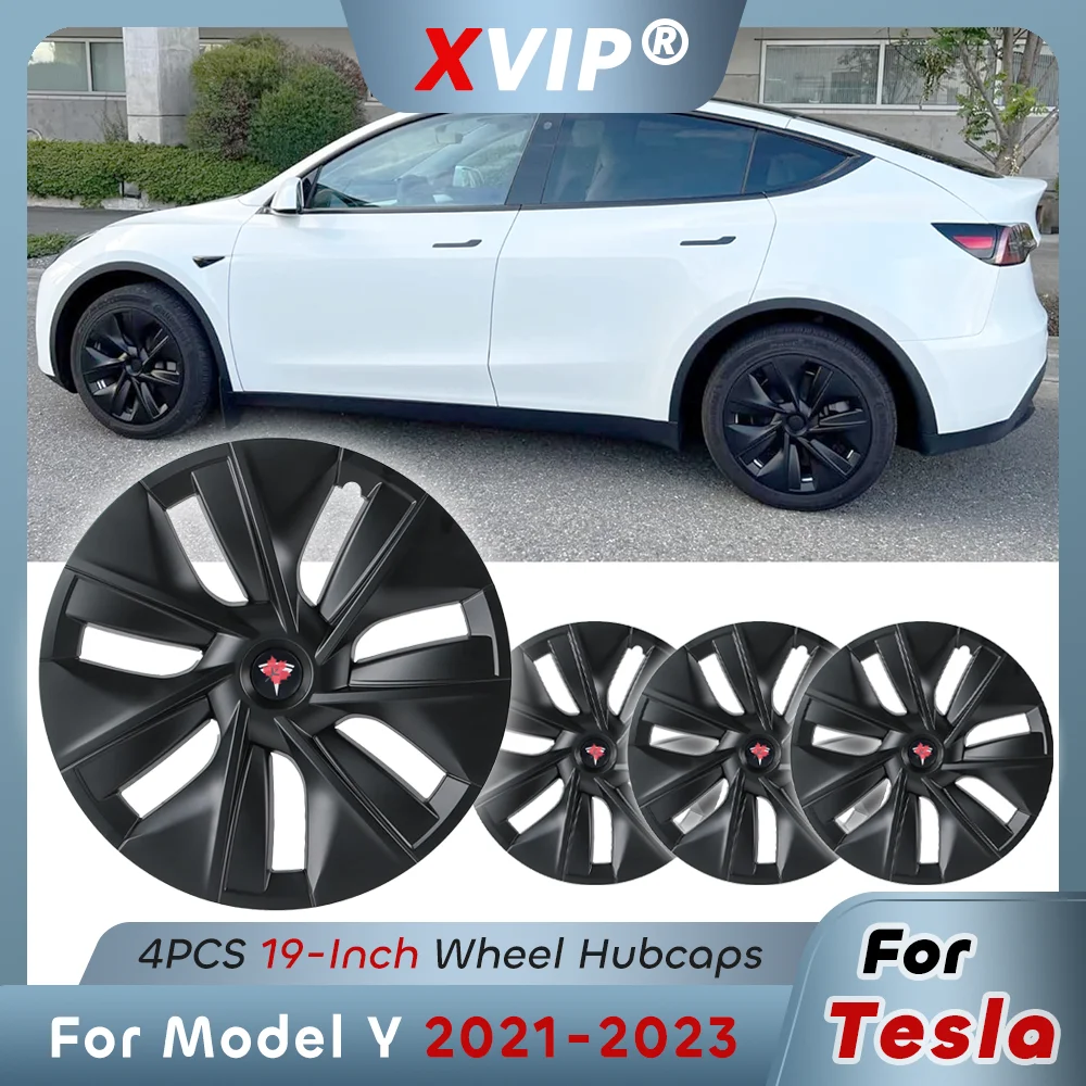 XVIP ABS 19\'\' OEM Style HubCaps Matte Black Original Gemini Style Wheel Covers Replacement Car Accessory For Tesla Model Y 21-23