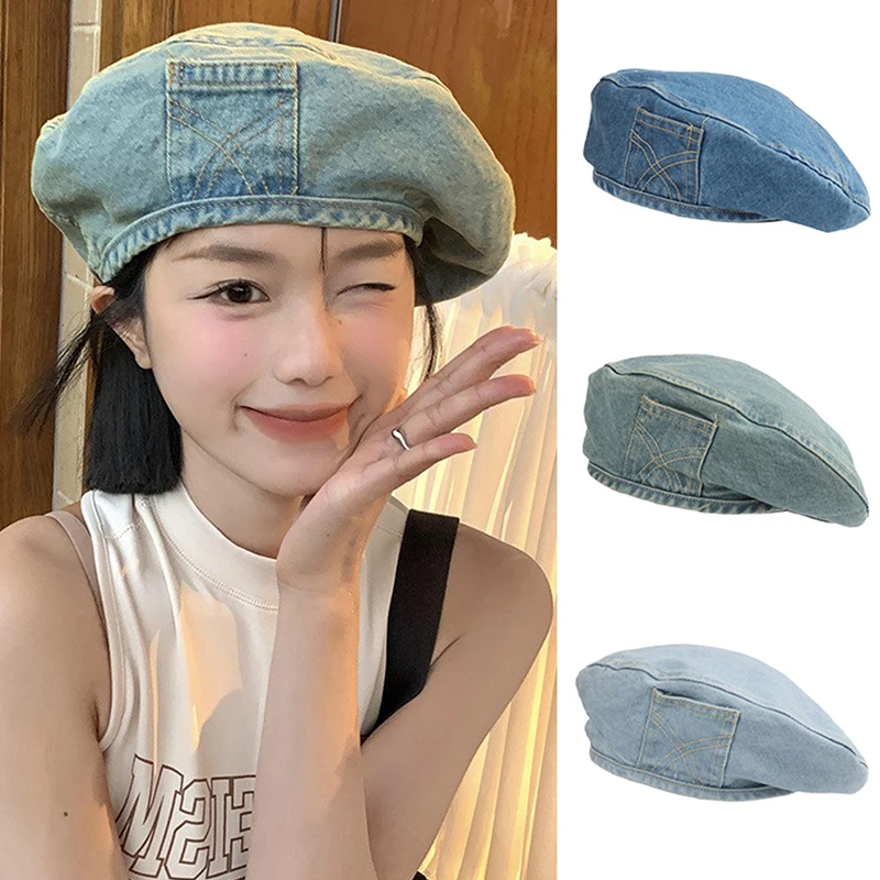 

Y2k Hats Kpop Outfits For Women Painters Hat Denim Beret Hip-Hop Beanies Retro Girl Caps