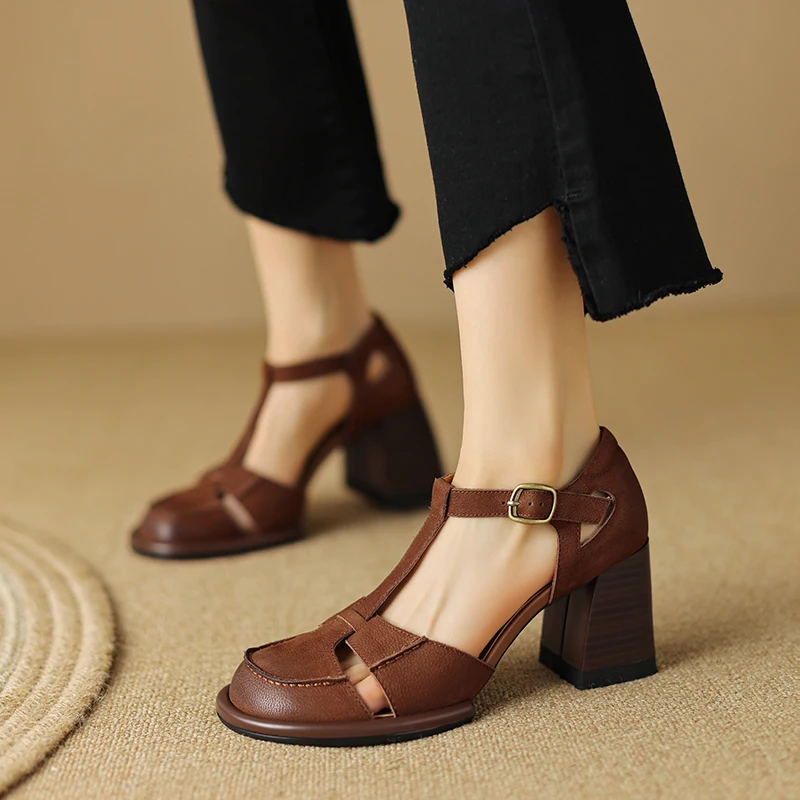 2023 new Women sandals natural leather 22-24.5cm cowhide+pigskin+sheepskin full leather t-buckle hollow out women summer shoes