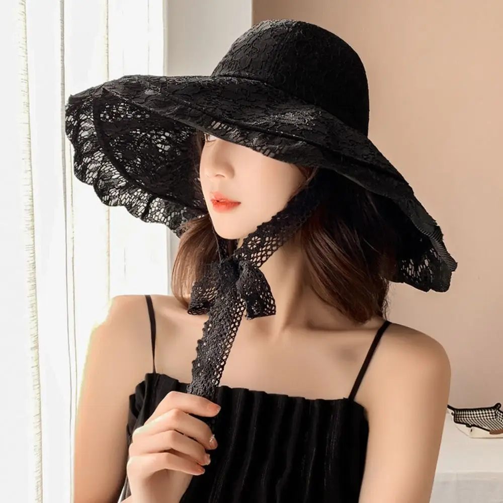 Lace Lace-up Bucket Hat Women Lightweight Windbreak Rope Sunshade Basin Hat Sun Cap Beach Hat