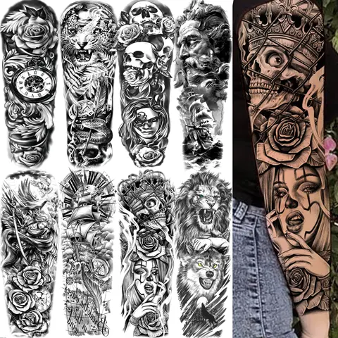 1 Sheet Death Skull Lion Fake Wolf Zeus God Temporary Tattoos For Men Women Large Black Waterproof Tatoo Sticker Full Arm Sleeve