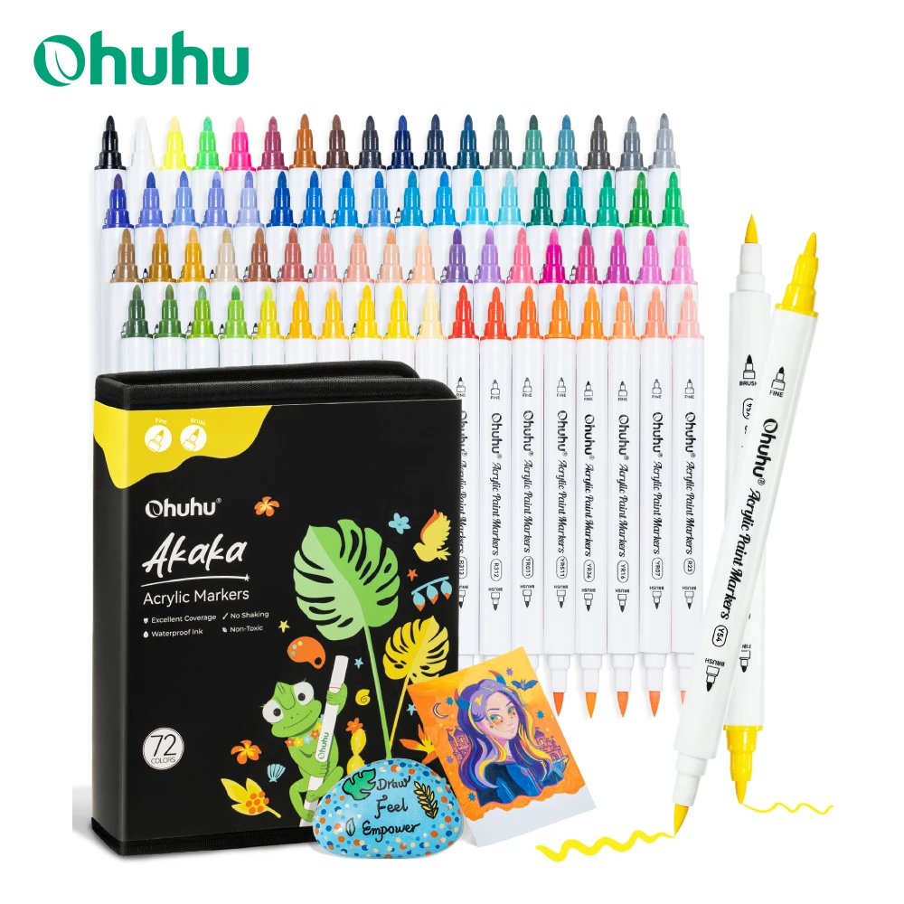 Ohuhu Acrylic Paint Markers Cotton Core 72 Colors Dual Tips Paint Pens High Opacity Acrylic Markers Waterproof Lightfast Drawing
