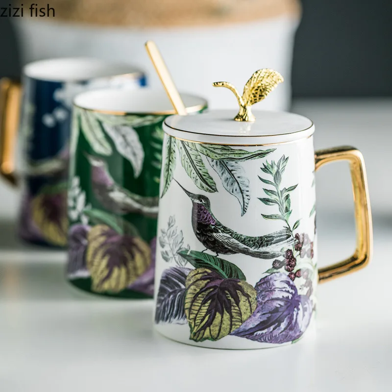 

Golden Edged Ceramic Mug Spoon Lid Flower Bird Breakfast Cup Large Capacity Water Cups Coffee Cup Milk Tea Cups Flower Tea Mug