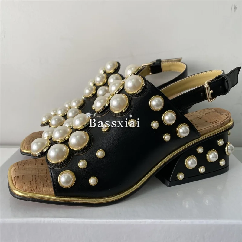 Luxury Beads Pearl Embellishment Sandals Women Genuine Leather Unique Fretwork Heel Party Shoes Summer