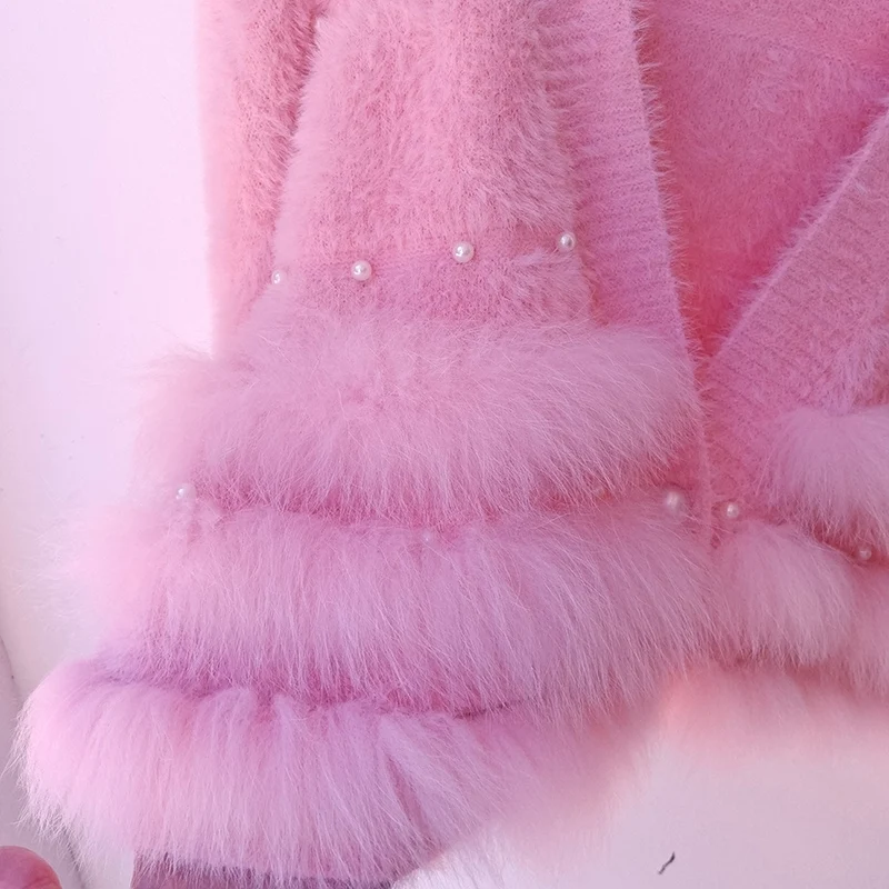 Short Real Fox Fur Trim Knitted Cardigan Sweater With Button Women Autumn V-neck Long Sleeve Knitwear Sweater